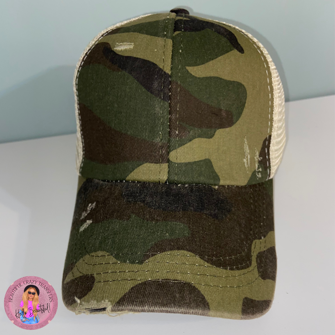 Criss Cross Ponytail Hat Camo Distressed