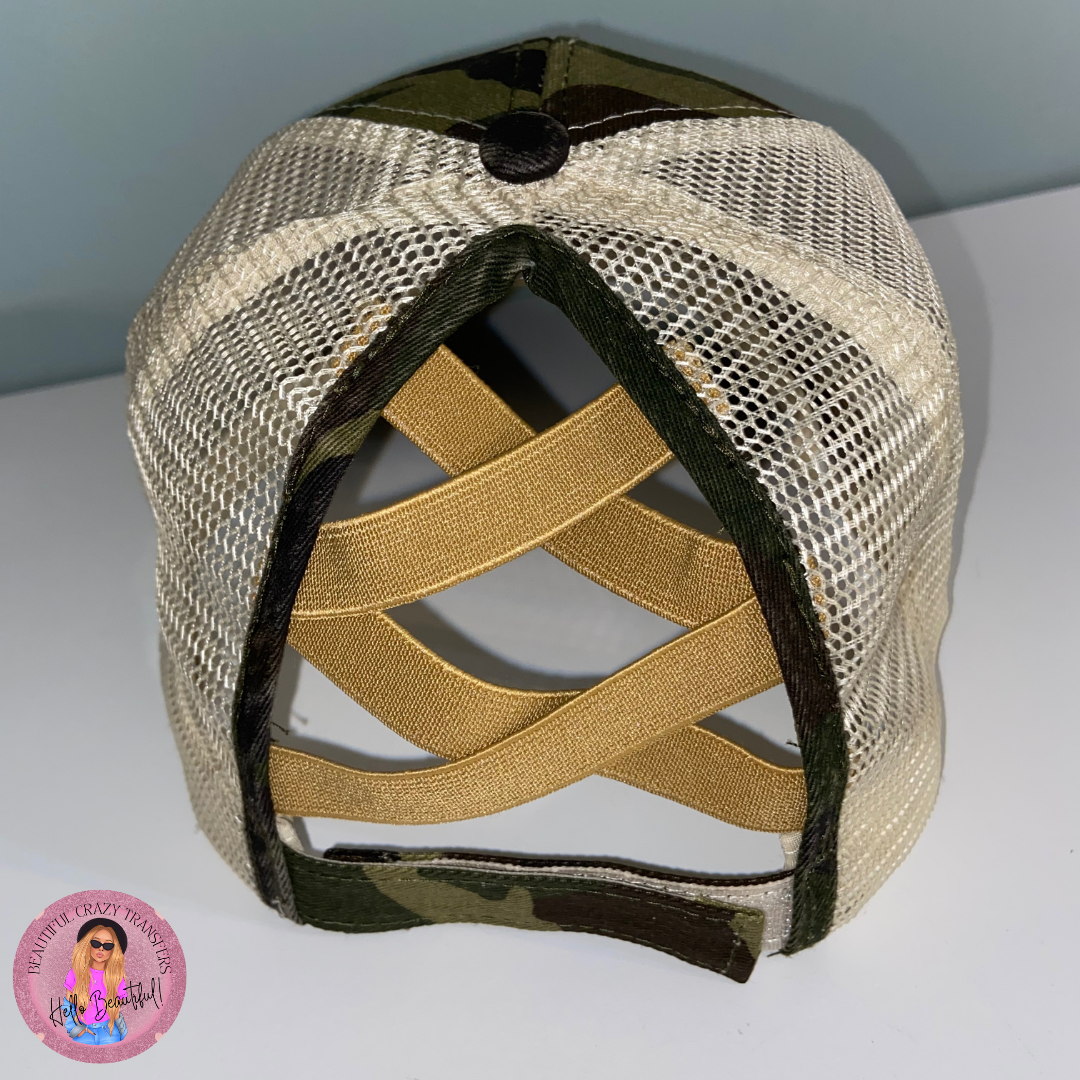 Criss Cross Ponytail Hat Camo Distressed