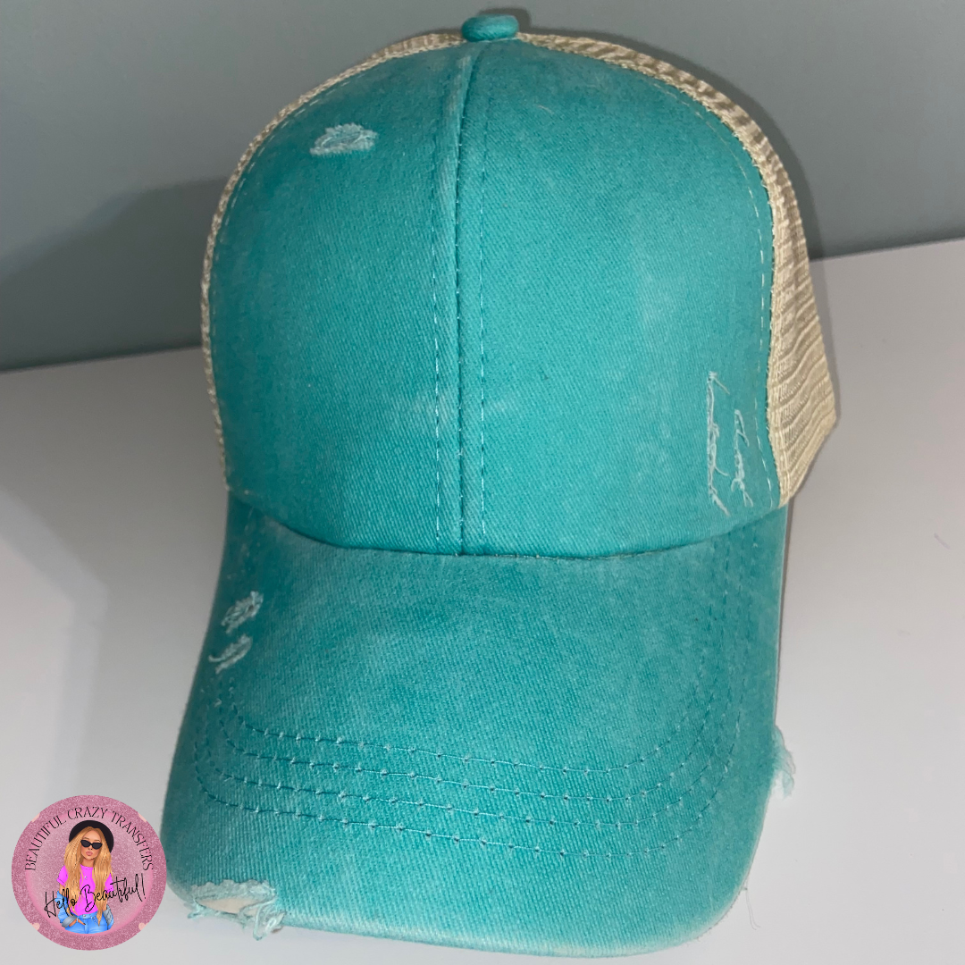 Criss Cross Ponytail Hat Blue Distressed